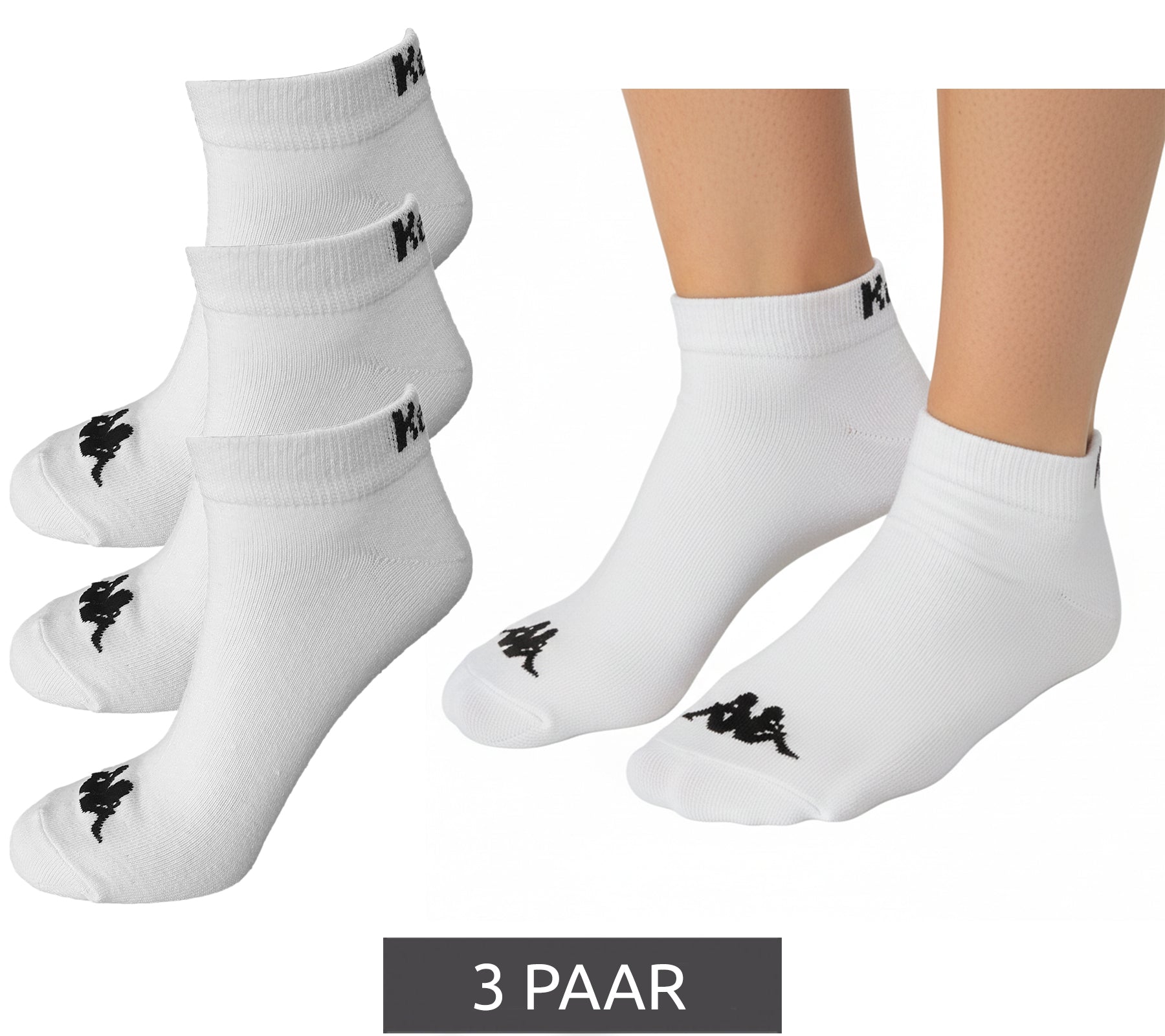 3 Paar Kappa Sportsocken Sneaker-Socken Baumwoll-Strümpfe mit Logo 3112YCW A00 Weiß